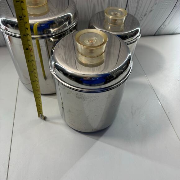 Revere Ware Set 3 Stainless Steel Canisters MCM Lucite Tops Storage Stackable - Picture 5 of 16